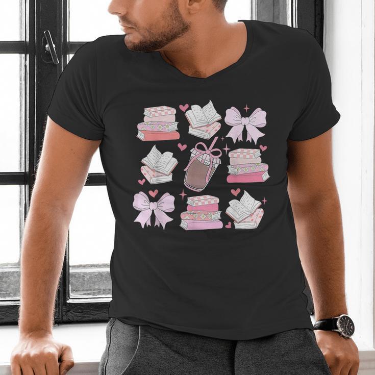 Coquette Bow Book Coffee Valentines Bookish Library Teacher Men's V-Neck T-Shirt