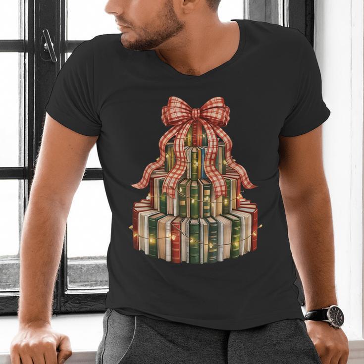 Coquette Christmas Book Tree Xmas Lights Librarian Teacher Men's V-Neck T-Shirt
