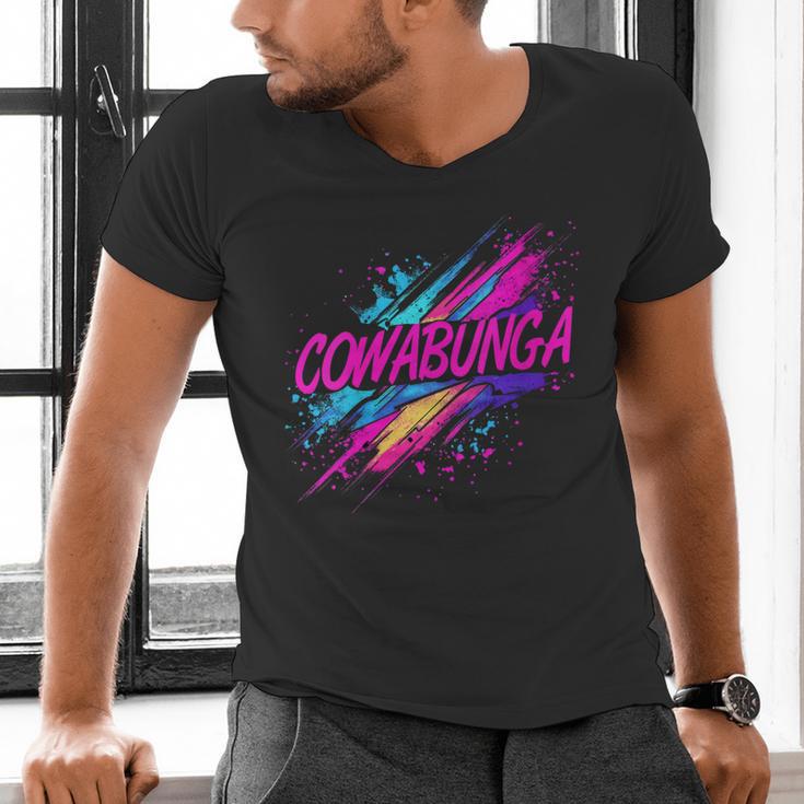 Cowabunga Retro 80s 90s Nostalgia Slang Neon Grunge Art Men's V-Neck T-Shirt Cowabunga Retro 80s 90s Nostalgia Slang Neon Grunge Art Men's V-Neck T-Shirt