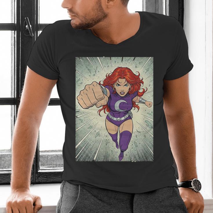 The Crimson Crescent 90s Retro Comic Book Superheroine Art Men's V-Neck T-Shirt