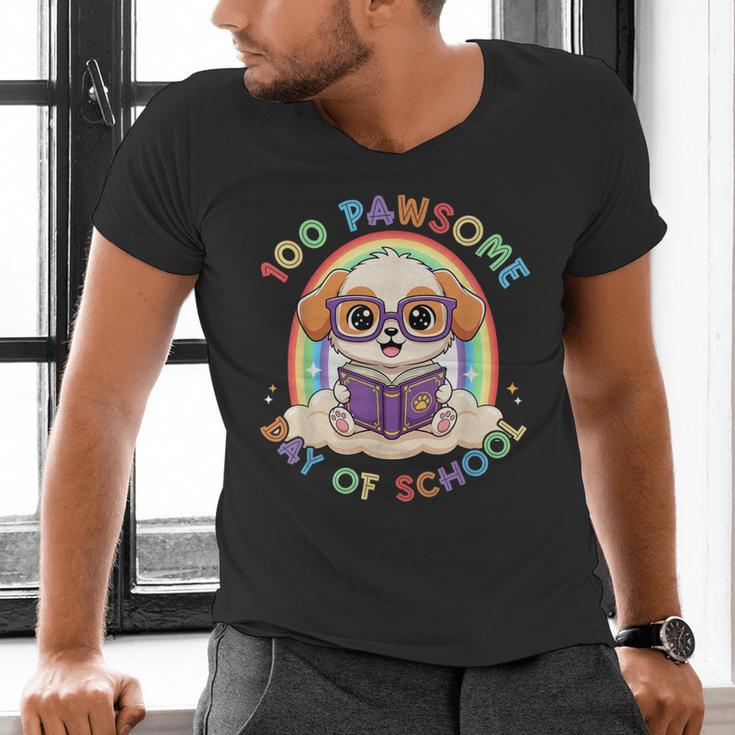 Cute 100th Day Of School 100 Days Dog Reading Book Rainbow Men's V-Neck T-Shirt