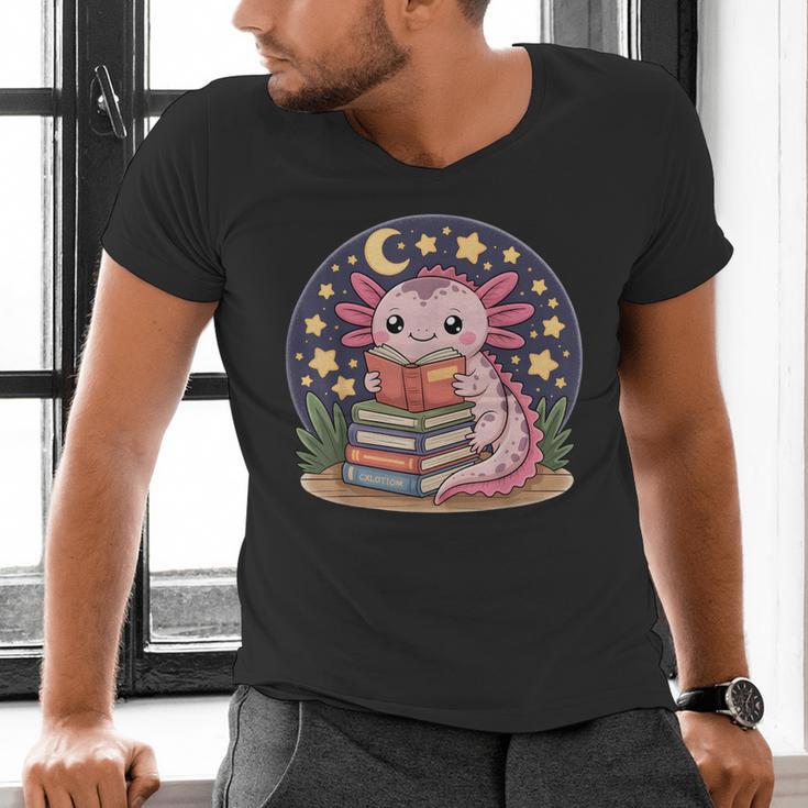 Cute Axolotl Reading Books Cozy Night Aesthetic Men's V-Neck T-Shirt