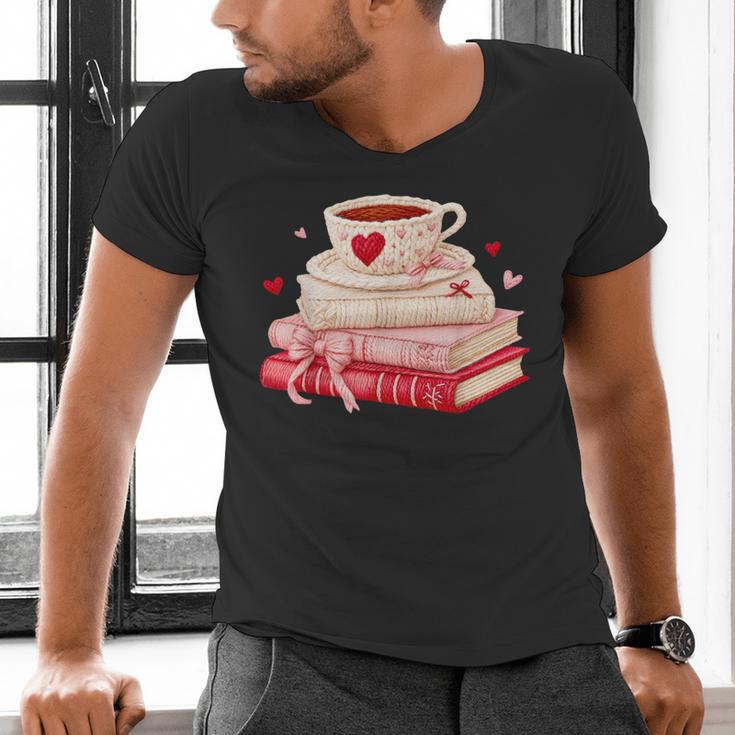 Cute Books And Coffee Crochet Valentines Day Tee For Couples Men's V-Neck T-Shirt