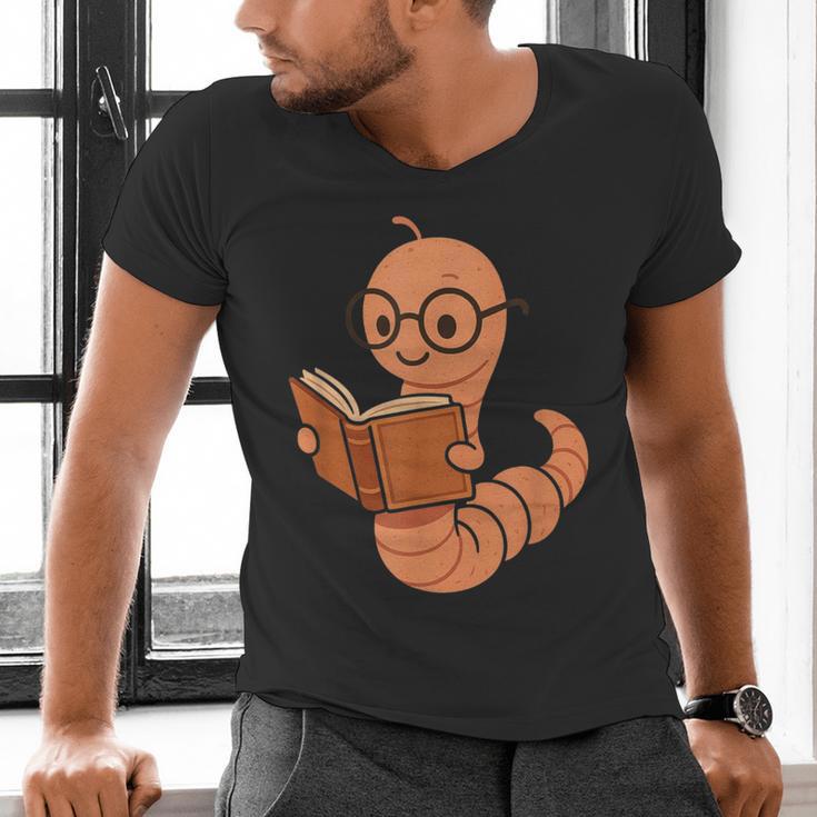 Cute Bookworm Worm Reading Book Glasses Nerdy Men's V-Neck T-Shirt Cute Bookworm Worm Reading Book Glasses Nerdy Men's V-Neck T-Shirt