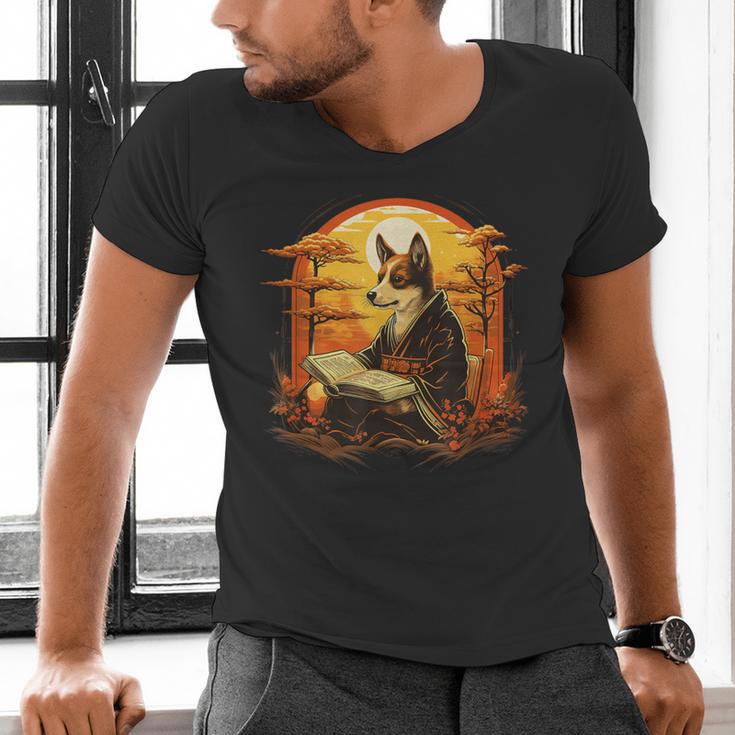 Cute Corgi Dog In Japanese Kimono With Book Men Women Girls Kids Men's V-Neck T-Shirt Cute Corgi Dog In Japanese Kimono With Book Men Women Girls Kids Men's V-Neck T-Shirt