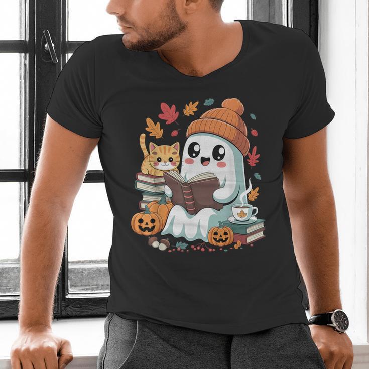 Cute Cozy Ghost Reading With Cat Book Lover Autumn Fall Men's V-Neck T-Shirt