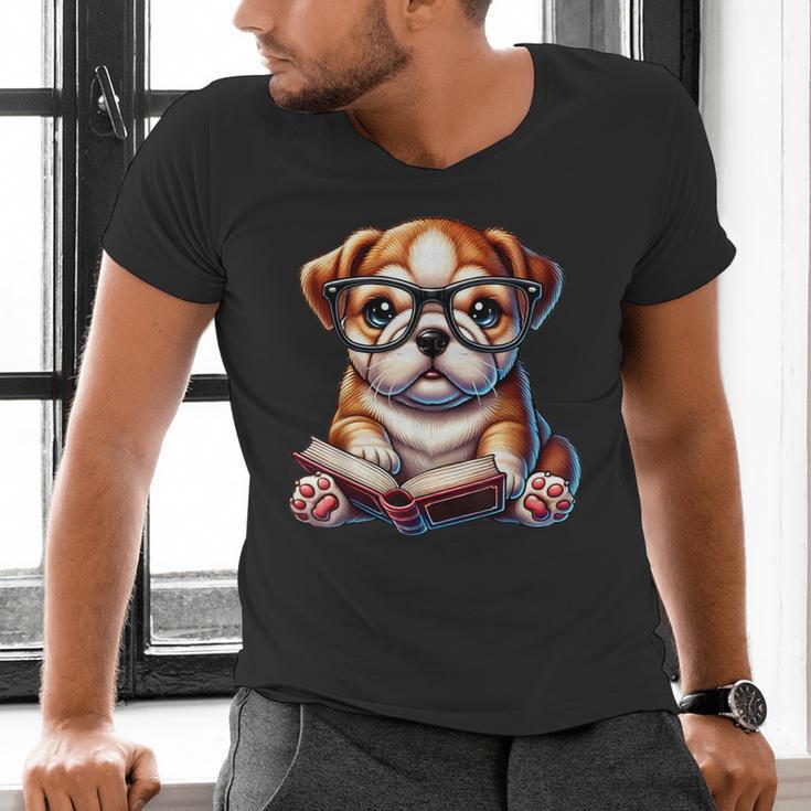 Cute Dog Puppy English Bulldog Reading Book Men's V-Neck T-Shirt Cute Dog Puppy English Bulldog Reading Book Men's V-Neck T-Shirt