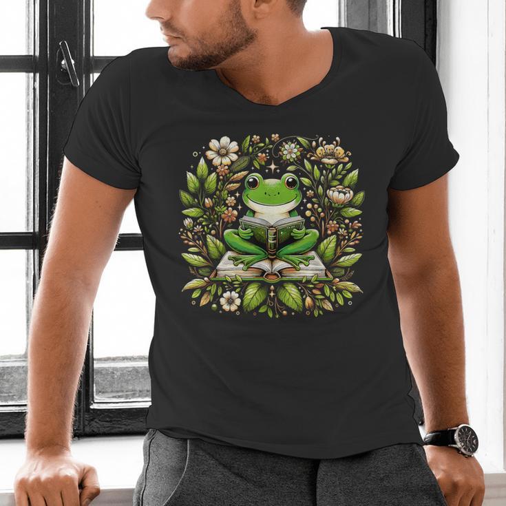 Cute Floral Frog Book Reading Men's V-Neck T-Shirt Cute Floral Frog Book Reading Men's V-Neck T-Shirt
