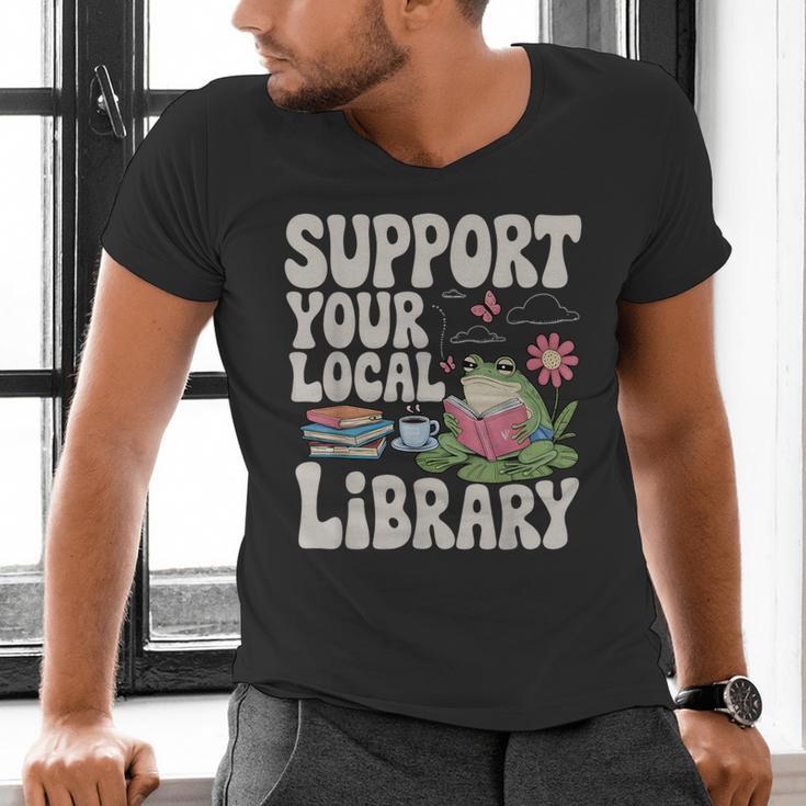Cute Frog Support Your Local Library Librarian Book Lover Men's V-Neck T-Shirt Cute Frog Support Your Local Library Librarian Book Lover Men's V-Neck T-Shirt