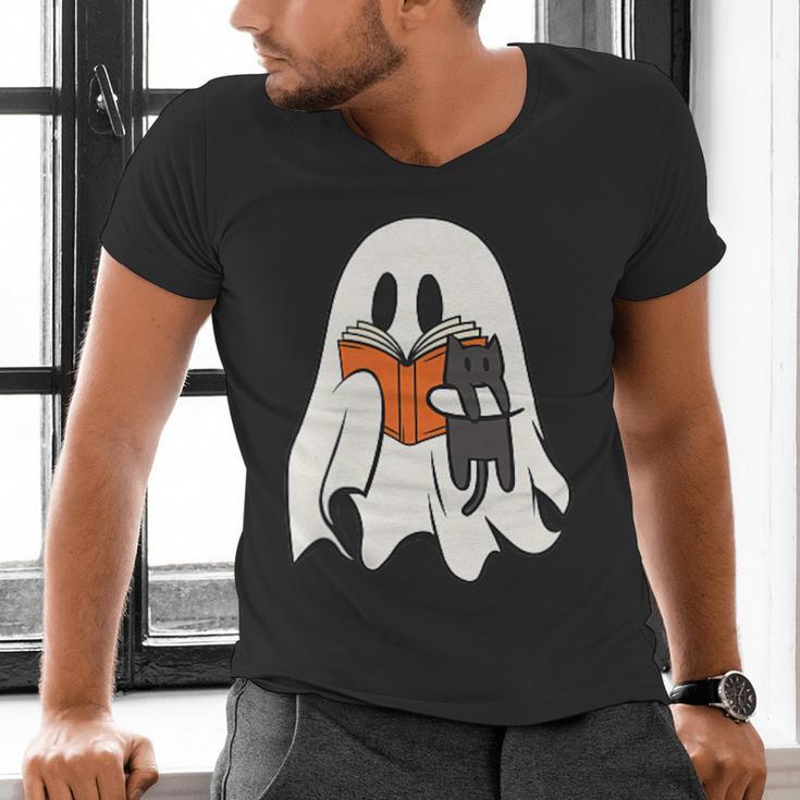 Cute Ghost Cat Reading Book Spooky Season Halloween Costume Men's V-Neck T-Shirt Cute Ghost Cat Reading Book Spooky Season Halloween Costume Men's V-Neck T-Shirt