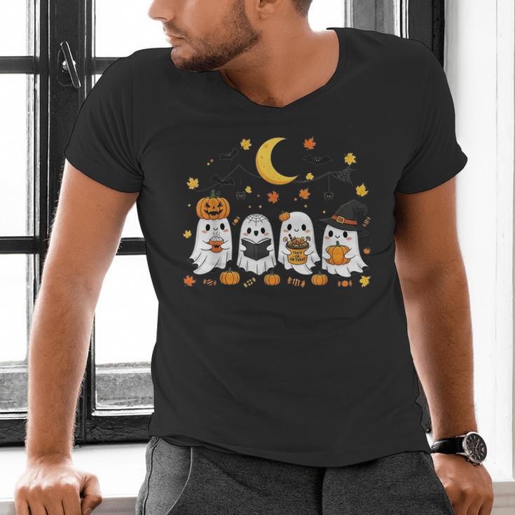 Cute Ghost Drinking Coffee Halloween Fall Ghost Book Reading Men's V-Neck T-Shirt Cute Ghost Drinking Coffee Halloween Fall Ghost Book Reading Men's V-Neck T-Shirt