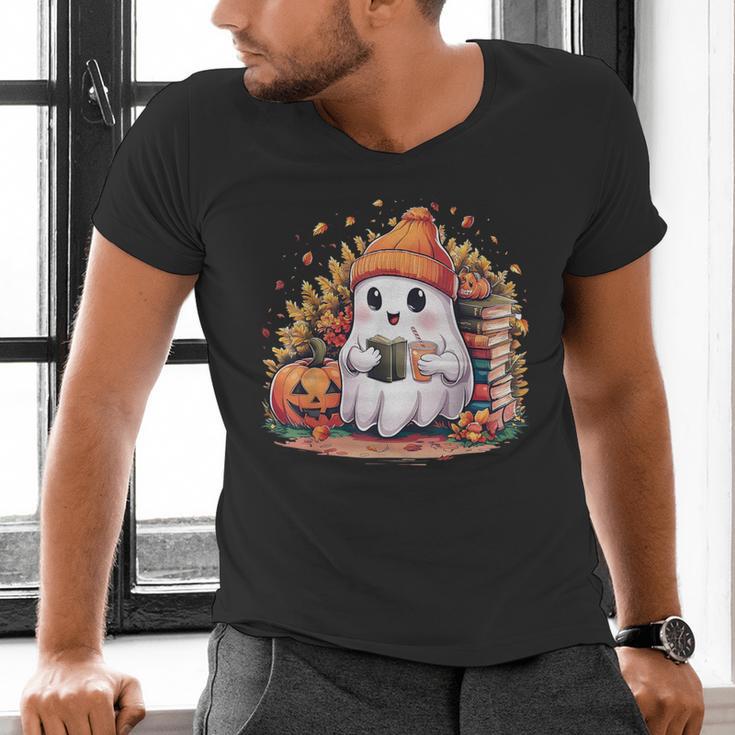 Cute Ghost Drinking Coffee Halloween Reading Book Retro Men's V-Neck T-Shirt
