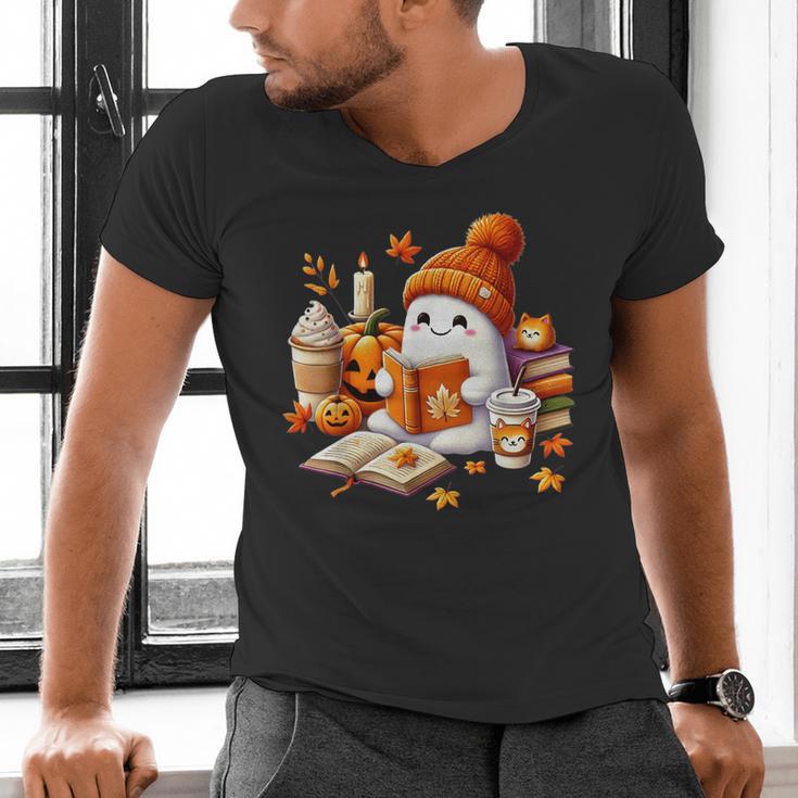 Cute Ghost Reading Book Lovers Halloween Pumpkin Women Girls Men's V-Neck T-Shirt