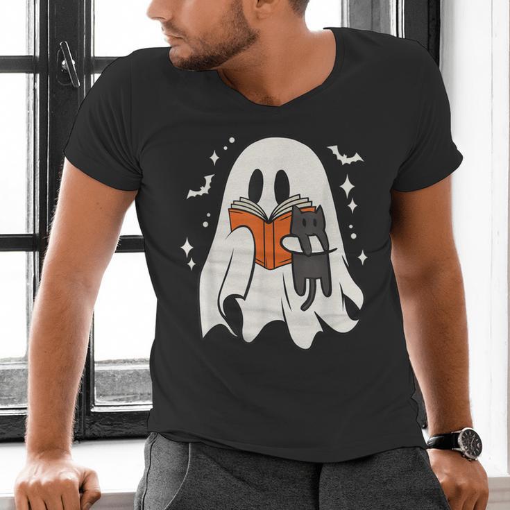 Cute Ghost Reading Book Spooky Season Halloween Costume Kids Men's V-Neck T-Shirt Cute Ghost Reading Book Spooky Season Halloween Costume Kids Men's V-Neck T-Shirt