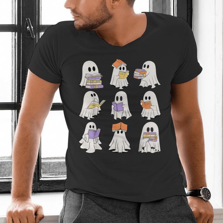Cute Ghost Reading Books Teacher Halloween Reading Men Women Kids Men's V-Neck T-Shirt