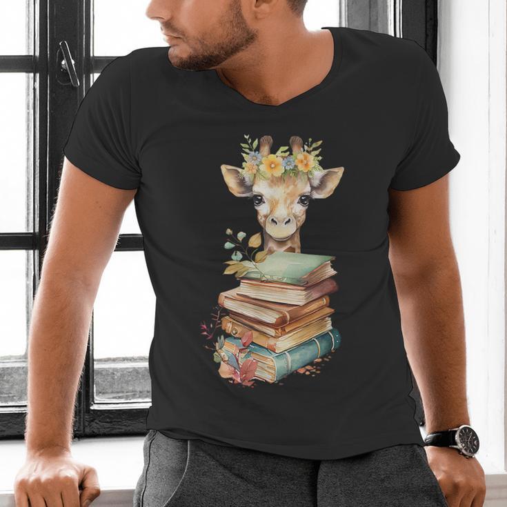 Cute Giraffe With Book Floral Bookworm Librarian Book Lover Men's V-Neck T-Shirt Cute Giraffe With Book Floral Bookworm Librarian Book Lover Men's V-Neck T-Shirt
