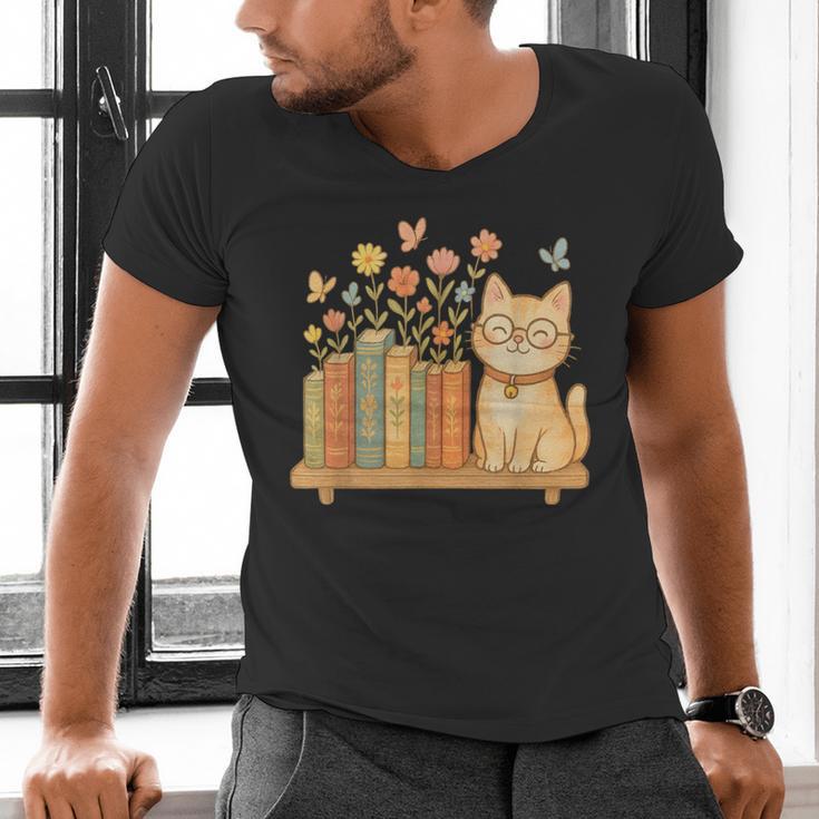 Cute Kawaii Cat Books Flowers Men's V-Neck T-Shirt