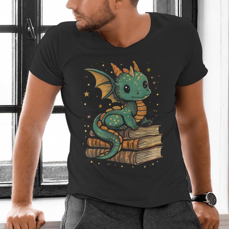 Cute Kawaii Dragon Fantasy Book Lover Book Nerd Men's V-Neck T-Shirt