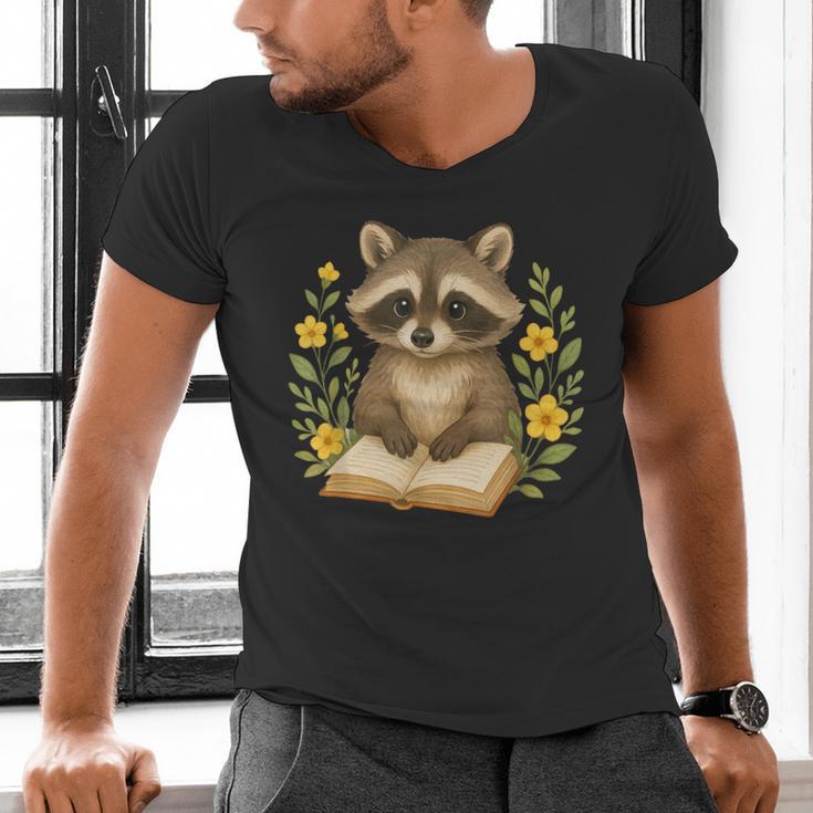 Cute Raccoon Reading Book Flowers Floral Men's V-Neck T-Shirt
