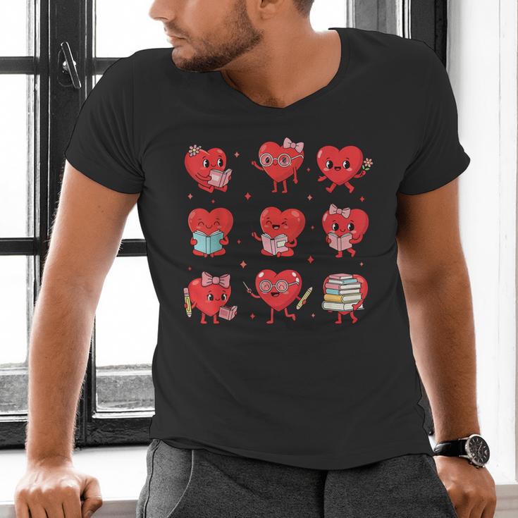 Cute Reading Hearts Valentine Day Book Lover Teacher Student Men's V-Neck T-Shirt