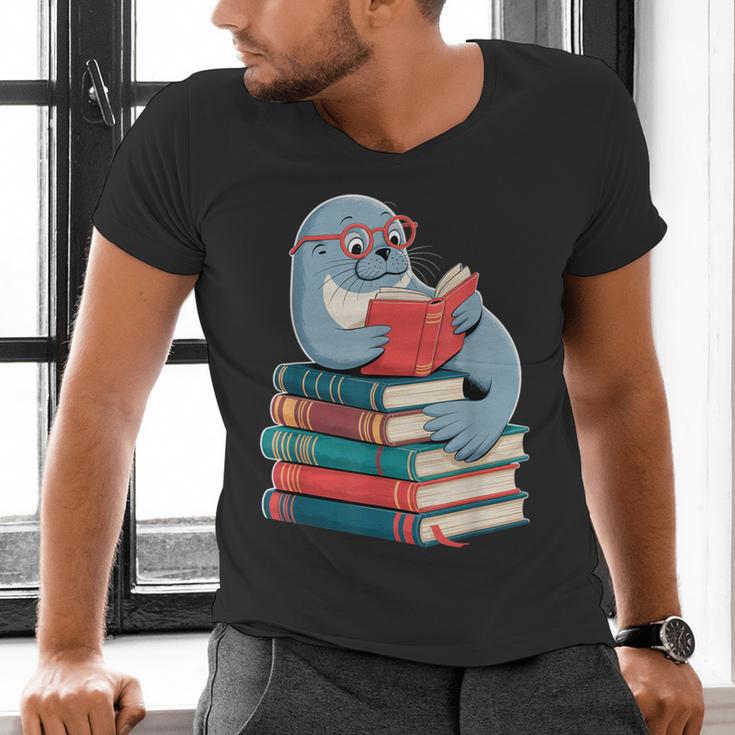 Cute Reading Seal On Books Book Lover Men's V-Neck T-Shirt Cute Reading Seal On Books Book Lover Men's V-Neck T-Shirt