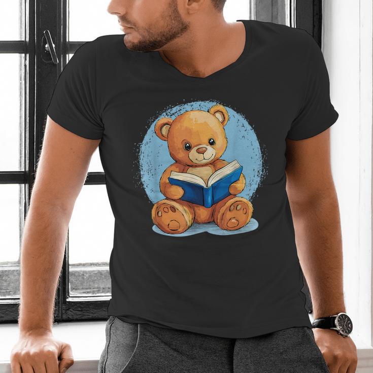Cute Teddy Bear Reading Book Fun Men's V-Neck T-Shirt