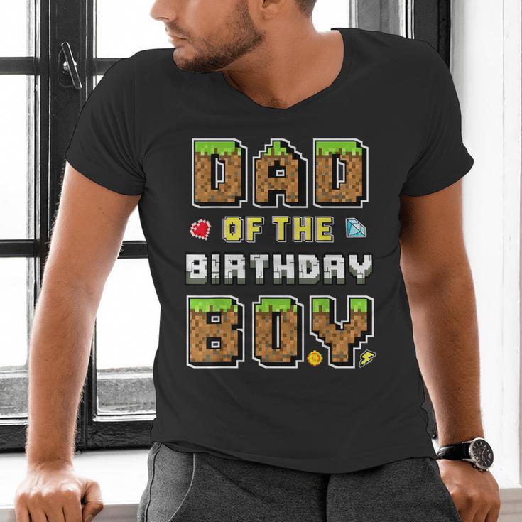 Dad Of The Birthday Boy Gamer Pixel Birthday Party Matching Men's V-Neck T-Shirt
