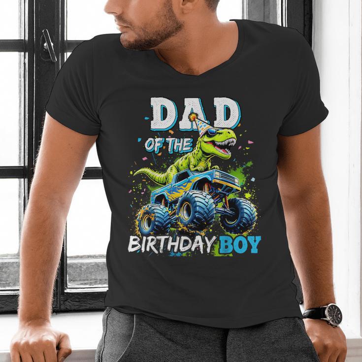 Dad Of The Birthday Boy Monster Truck Dinosaur PartyRex Men's V-Neck T-Shirt