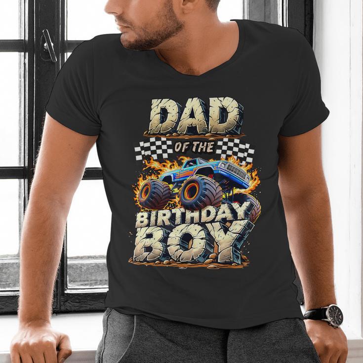 Dad Of The Birthday Boy Monster Truck Family Matching Party Men's V-Neck T-Shirt