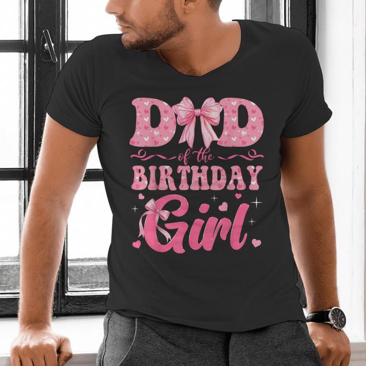 Dad Of The Birthday Girl Family Pink Coquette Bow Men's V-Neck T-Shirt