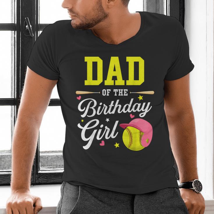 Dad Of The Birthday Girl Softball Player Theme B-Day Daddy Men's V-Neck T-Shirt