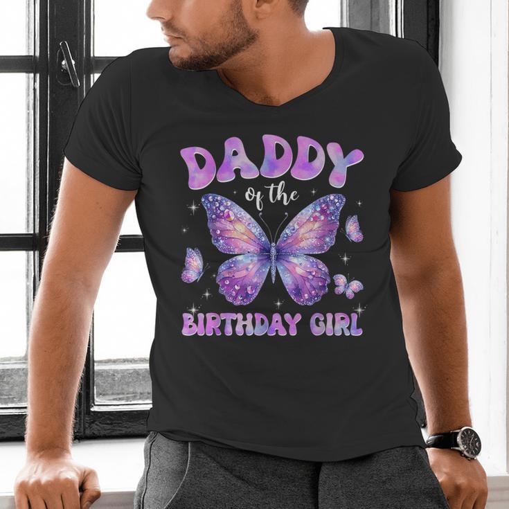 Dad Of The Birthday Girl Tie Dye Butterfly Birthday Family Men's V-Neck T-Shirt