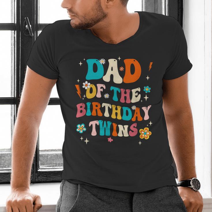 Dad Of The Birthday Twins Boys Girls Party Retro Bday Men's V-Neck T-Shirt