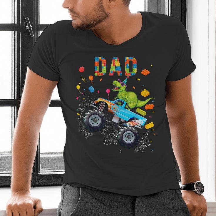 Dad Building Blocks Monster Truck Dinosaur Birthday Men's V-Neck T-Shirt