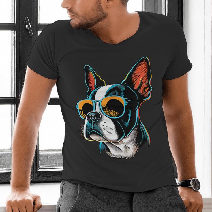 Dad Mom Cool Dog Sunglasses Boston Terrier Men's V-Neck T-Shirt Dad Mom Cool Dog Sunglasses Boston Terrier Men's V-Neck T-Shirt