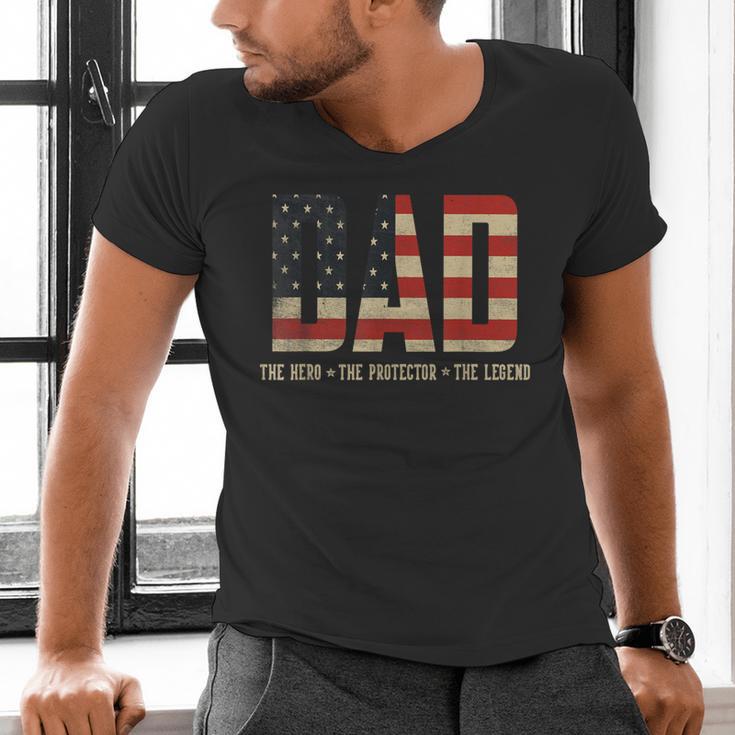 Dad Protector Hero Legend USA Flag Dad Father's Day Men's V-Neck T-Shirt Dad Protector Hero Legend USA Flag Dad Father's Day Men's V-Neck T-Shirt