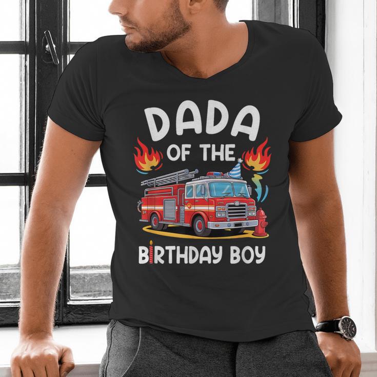 Dada Of The Birthday Boy Fire Truck Firefighter 1St Party Men's V-Neck T-Shirt
