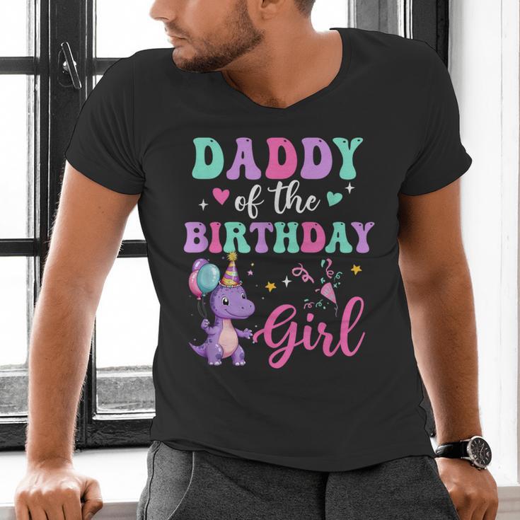 Daddy Of The Birthday For Girl Dinosaur T-Rex Party Family Men's V-Neck T-Shirt