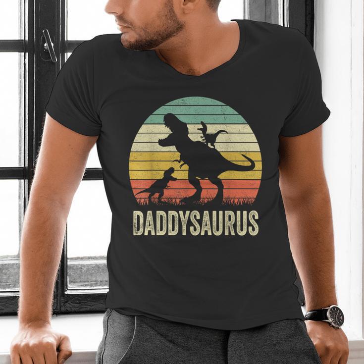 Daddy Dinosaur Daddysaurus 2 Kids For Dad Men's V-Neck T-Shirt Daddy Dinosaur Daddysaurus 2 Kids For Dad Men's V-Neck T-Shirt