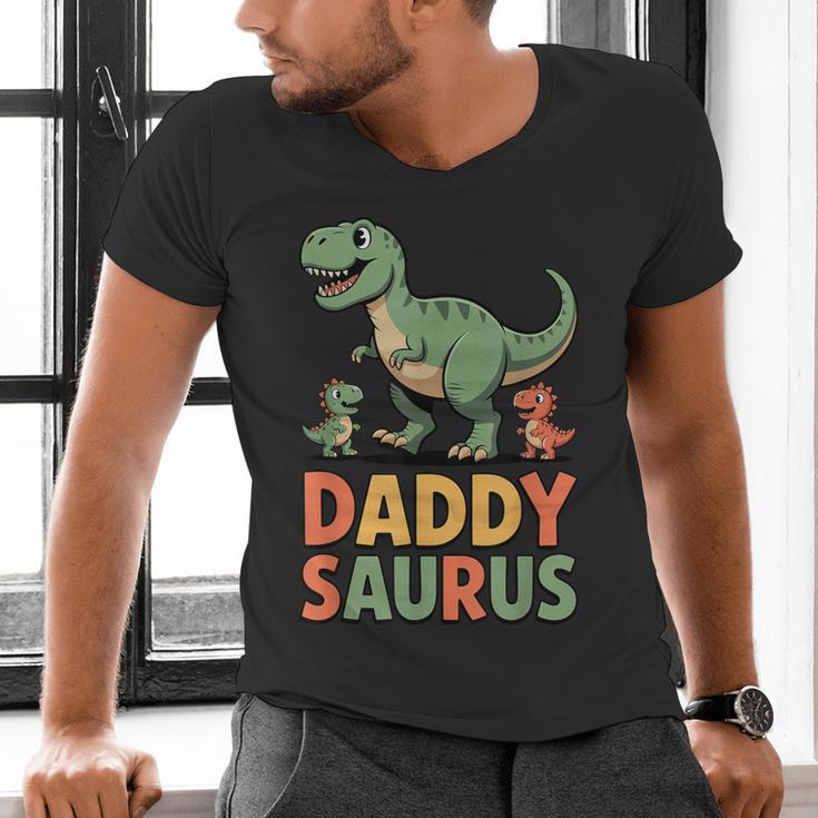 Daddy Saurus Dinosaur Dad Of Two Kids Dino Family Men's V-Neck T-Shirt Daddy Saurus Dinosaur Dad Of Two Kids Dino Family Men's V-Neck T-Shirt