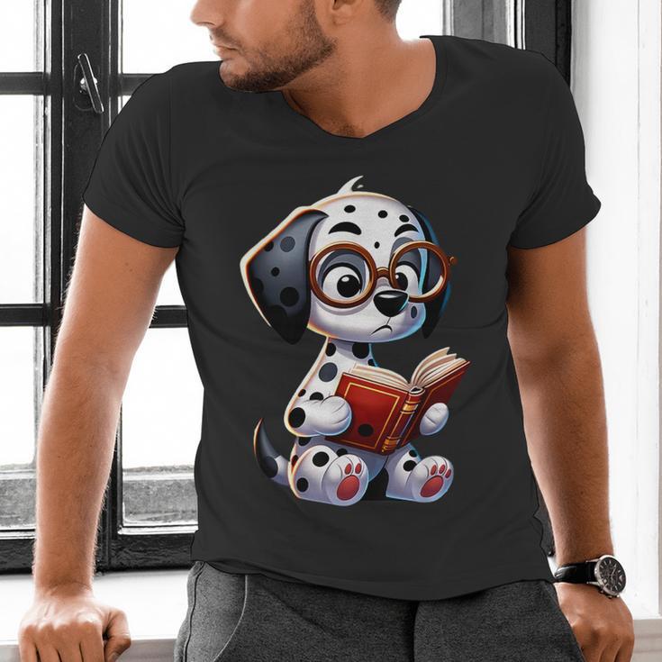 Dalmatian Reading a Book Dog Men's V-Neck T-Shirt