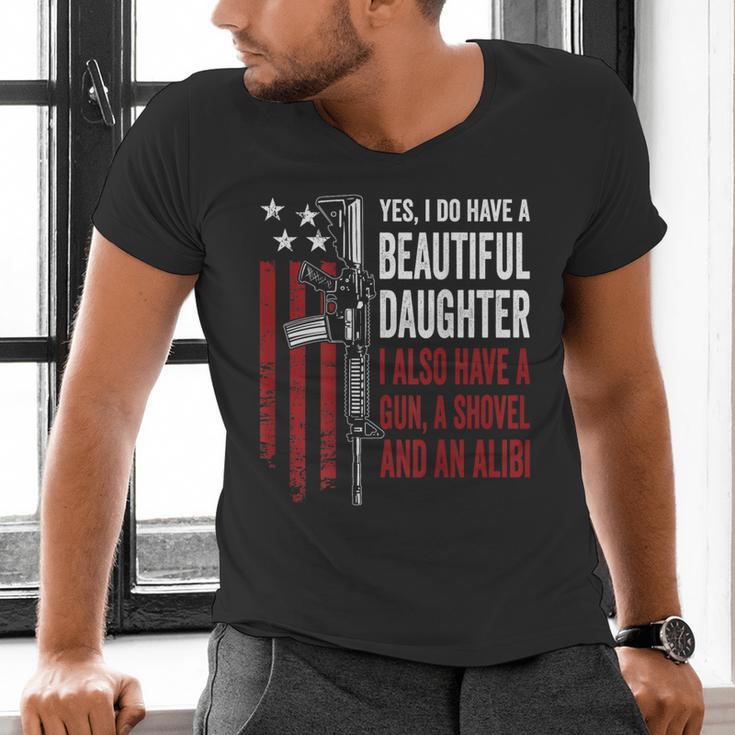 Daughter Gun Shovel Alibi Mom Dad Guns Joke -ON Back Men's V-Neck T-Shirt