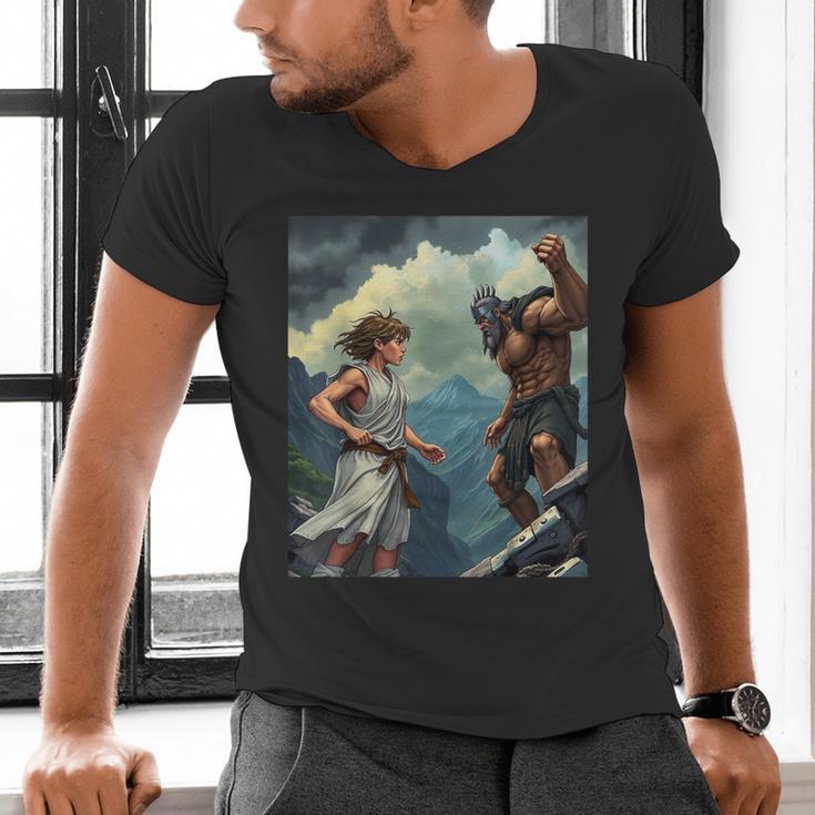David And Goliath Bible Book Of Samuel King David Comic Men's V-Neck T-Shirt David And Goliath Bible Book Of Samuel King David Comic Men's V-Neck T-Shirt