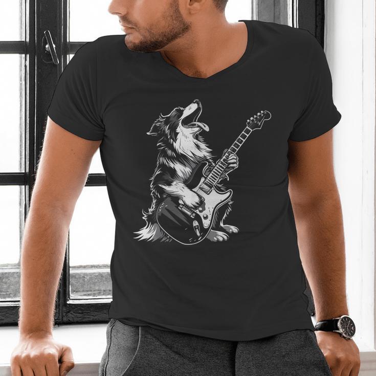 Dog Guitarist Guitar Australian Shepherd Dad Mom Men's V-Neck T-Shirt