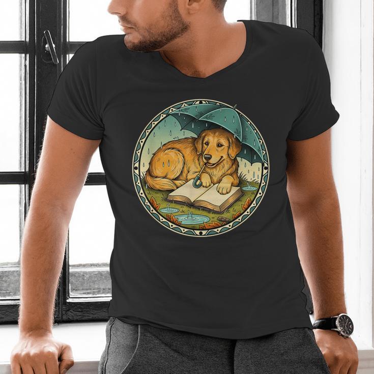 Dog Reading Book Rain Cozy Umbrella Cute Art Men Men's V-Neck T-Shirt
