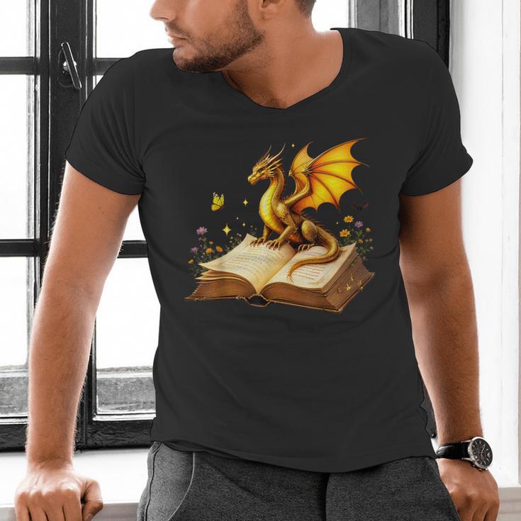 Dragon Fantasy Book Lover Bookish Reader Bookworm Wildflower Men's V-Neck T-Shirt Dragon Fantasy Book Lover Bookish Reader Bookworm Wildflower Men's V-Neck T-Shirt
