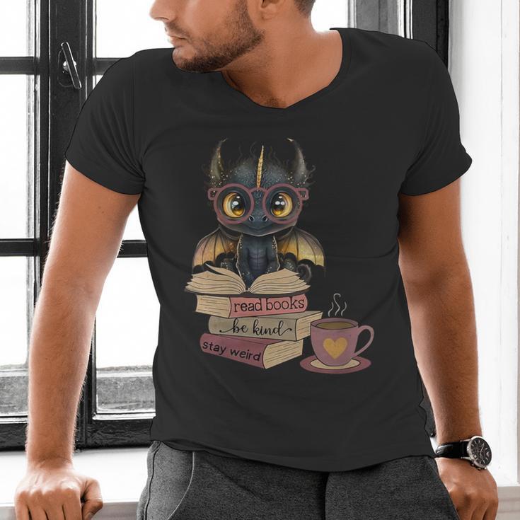 Dragon Read Books Be Kind Stay Weird Book Lover Men's V-Neck T-Shirt Dragon Read Books Be Kind Stay Weird Book Lover Men's V-Neck T-Shirt