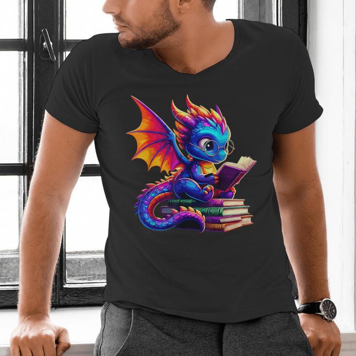 Dragon Reading a Book Bookworm Book Lover Men's V-Neck T-Shirt