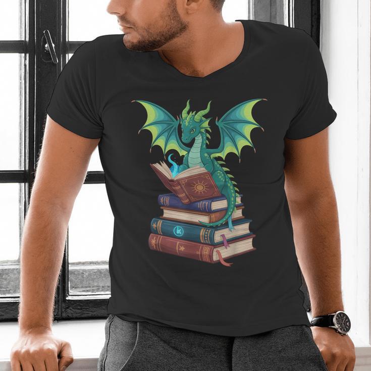 Dragon Reading Books Fantasy Lovers Mythical Creatures Men's V-Neck T-Shirt