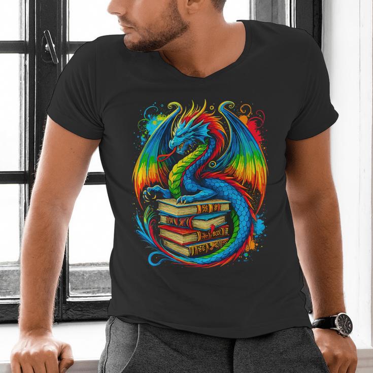 Dragon Reading Colorful Fantasy Book Lover Men's V-Neck T-Shirt Dragon Reading Colorful Fantasy Book Lover Men's V-Neck T-Shirt